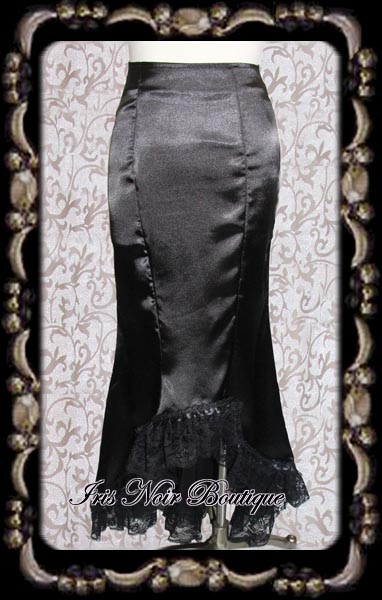 Black Satin & Lace 'Morticia' Gothic Victorian Fishtail Skirt