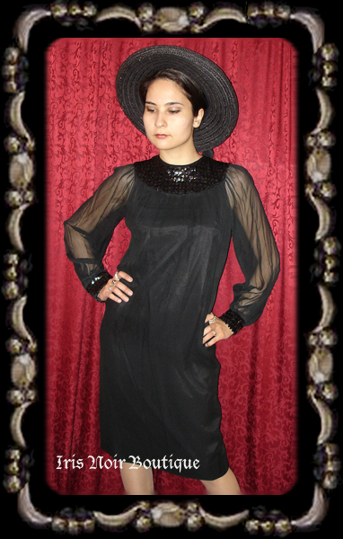 {Vintage} 'Gothic 60s' Sequined Black Chiffon Dress S-M